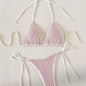 White & red Patterned Triangle Bikini Set